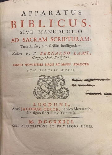 Portada de Apparatus Biblicus, sive Manuductio ad Sacram Scripturam - Bernardo Lamy