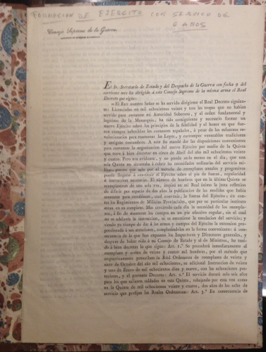 Portada de Real Decreto para la formaci�n de Ej�rcito con servicio de 6 a�os - Consejo Supremo de la Guerra