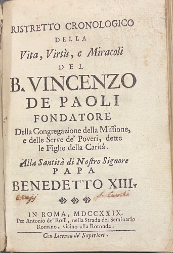 Portada de Ristretto Cronologico della Vita, Virt� e Miracoli del B. Vincenzo de Paoli Fondatore della Congregazione della Missione e delle Serve de' Poveri dette le Figlie della Carit�