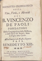 Portada de libro Ristretto Cronologico della Vita, Virt� e Miracoli del B. Vincenzo de...