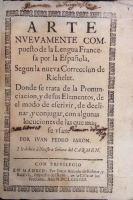 Portada de libro Arte Nuevamente Compuesto de la Lengua Francesa por la Espaola, segn...
