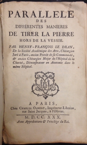 Portada de Parallele des Diff�rentes Manieres de Tirer la Pierre Hors de La Vessie - Henry-Fran�ois le Dran