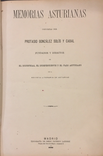 Portada de Memorias Asturianas - Protasio Gonz�lez Sol�s y Cabal