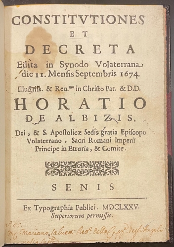 Portada de Constitutiones et Decreta edita in Synodo Volaterrana due II. Mensis Septembris 1674 - Horatio de Albizis