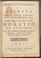 Portada de libro Constitutiones et Decreta edita in Synodo Volaterrana due II. Mensis...