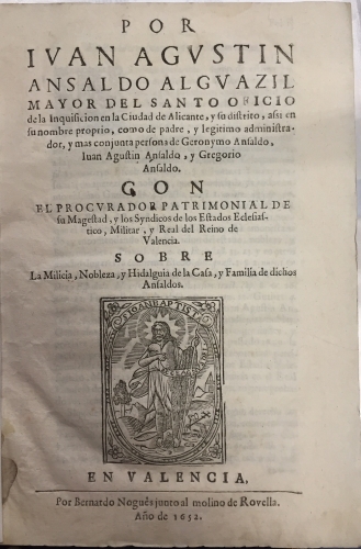 Portada de En la Causa de Nobleza y Milicia de Luis Donblasco contra el Procurador Patrimonial de su Magestad y Sindicos del Estamento Militar y Ciudad de Valencia por Miguel Angel de Gaona, Doctor de ambos Drechos, Caballero y Abogado ordinario en el Secreto del Santo Oficio