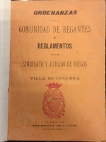 Portada de libro Ordenanzas de la Comunidad de Regantes y Reglamentos para el Sindicato...
