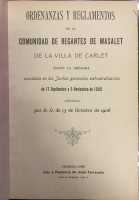 Portada de libro Ordenanzas y Reglamentos de la Comunidad de Regantes de Masalet de la...