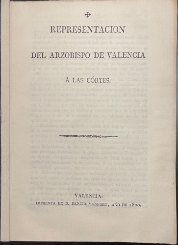 Portada de Representaci�n del Arzobispo de Valencia � las Cortes