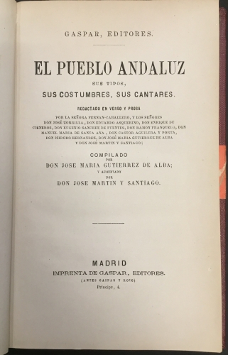 Portada de El Pueblo Andaluz. Sus tipos, sus costumbres, sus cantares - Jose Mar�a Gutierrez de Alba, Jos� Martin y Santiago