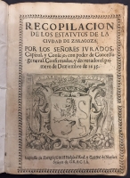 Portada de libro Recopilaci�n de los Estatutos de la Ciudad de Zaragoza. Por los...