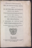 Portada de libro Constituciones, que, en Virtud de Real Orden, hizo el Reverendo en...