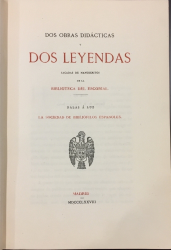 Portada de Dos Obras Did�cticas y Dos Leyendas sacadas de manuscritos de la Biblioteca del Escorial:  - Varios