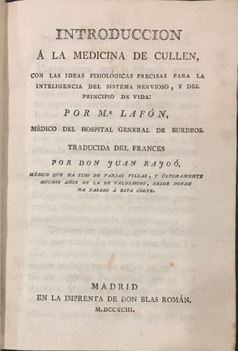 Portada de Introducci�n � la Medicina de Cullen, con las Ideas Fisiol�gicas precisas para la inteligencia del sistema nervioso y del principio de vida - Laf�n