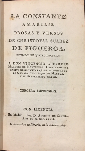 Portada de La Constante Amarilis. Prosas y Versos - Christoval Suarez de Figueroa