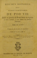 Portada de libro Resumen historico del viaje y cautiverio de Pio VII desde su partida...