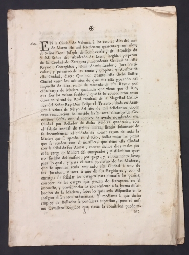 Portada de Valencia. Reglamento sobre Carpinteros y la Madera que viene por el Rio. 1741. 