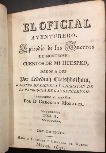 Portada de El Oficial Aventurero. Episodio de las Guerras de Montrose. Cuentos de mi huesped - Walter Scott