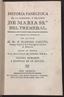 Portada de libro Historia Panegirica de la aparici�n y milagros de Maria SS. del...