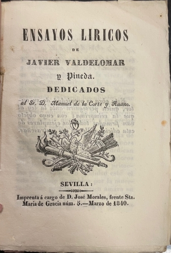 Portada de Ensayos L�ricos  - Javier Valdelomar y Pineda