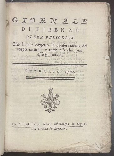 Portada de Giornale di Firenze. Opera periodica che ha per oggetto la conservazione del corpo umano. Febbraio 1770
