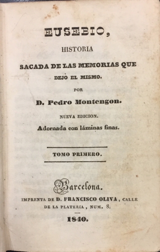 Portada de Eusebio, Historia sacada de las memorias que dej� el mismo - Pedro Montengon