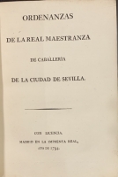 Portada de libro Ordenanzas de la Real Maestranza de Caballer�a de la Ciudad de Sevilla