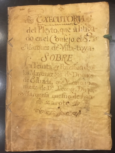 Portada de Ejecutoria del Pleyto sobre la tenuta y posesi�n de los mayorazgos de Duque de Estrada que vacaron por muerte de D� Leonor, Duque-Marquesa qu� de Lanzarote