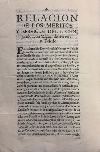 Portada de Relaci�n de M�ritos y Servicios de D. Miguel de Herrera y Toledo. Sevilla. Valdepe�as, Villanueva de los Infantes, Villamanrique, Chanciller�a de Granada