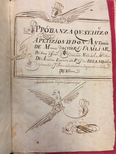 Portada de Probanza que se hizo a petici�n de Antonio de Meneses Aguilera, familiar del Santo Oficio y del Estado Noble de la Villa de Archidona en Talavera de la Reina de la nobleza de la casa de los Se�ores Meneses originarios los de esta ciudad de Alhama, Granada