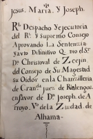 Portada de libro Real Despacho y Ejecutoria del Real y Supremo Consejo en favor de D....