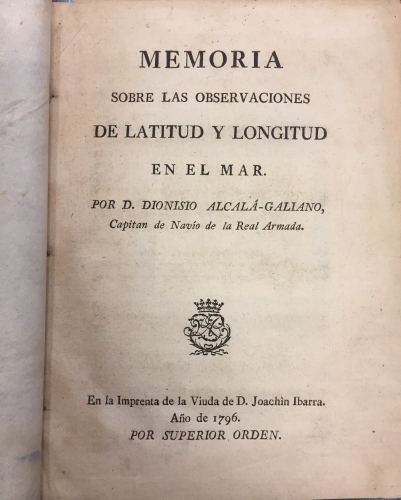 Portada de Memoria sobre las Observaciones de Latitud y Longitud en el Mar - Dionisio Alcal� Galiano