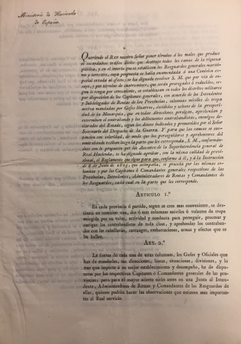 Portada de Reglamento para la represi�n del Contrabando. A�o 1825. Luis Lopez Ballesteros. 