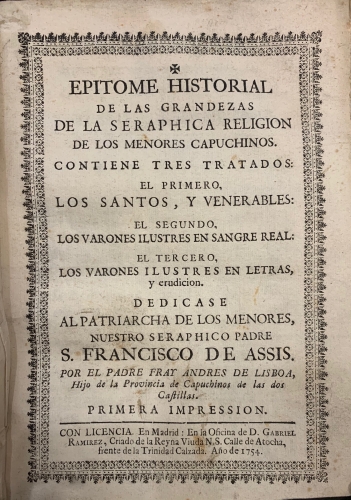 Portada de Epitome Historial de las Grandezas de la Seraphica Religion de los Menores Capuchinos.  - Fray Andr�s de Lisboa