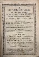 Portada de libro Epitome Historial de las Grandezas de la Seraphica Religion de los...