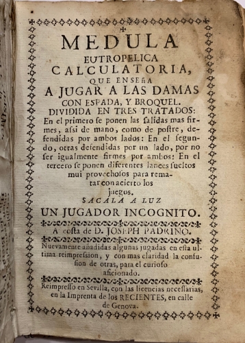 Portada de Medula Eutropelica Calculatoria que ense�a a jugar a las damas con espada y broquel - Pablo Cecina Rica y Fergel