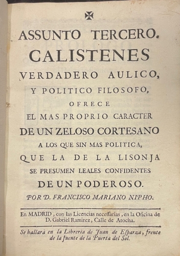 Portada de Varios discursos elocuentes y politicos.Assunto Tercero: Calistenes. Assunto Quarto: Diogenes. Assunto Quinto: Timon Ateniense. Assunto Septimo: Crates Tebano. Assunto Octavo: Fulvio Cornelio Sila.   - Francisco Mariano Nipho