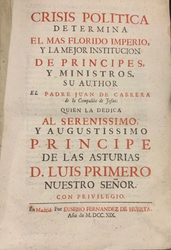 Portada de Crisis Politica. Determina el mas florido imperio y la mejor Institucion de Principes y Ministros - Padre Juan de Cabrera