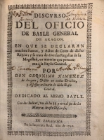 Portada de libro Discurso del Oficio de Bayle General de Arag�n. En que se declaran...