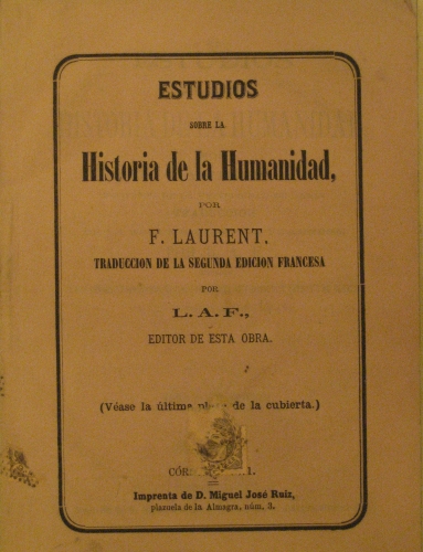 Portada de Estudios Sobre La historia De La Humanidad. Tomo I El Oriente. Separata - F. Laurent