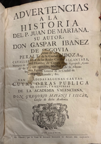 Portada de Advertencias a la Historia del P. Juan de Mariana - Gaspar Iba�ez de Segovia Peralta i Mendoza