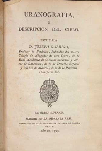 Portada de Uranografia o descripcion del Cielo - Joseph Garriga