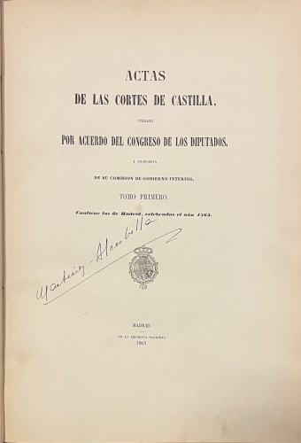 Portada de Actas de las Cortes de Castilla publicadas por acuerdo del Congreso de los Diputados a propuesta de su Comison de Gobierno Interior. Tomo I a V