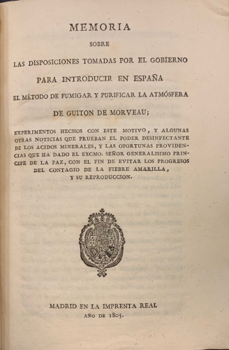 Portada de Memoria sobre las Disposiciones tomadas por el Gobierno para introducir en Espa�a el M�todo de Fumigar y Purificar la Atm�sfera de Guiton de Morveau - Guiton de Morveau