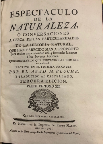 Portada de Espectaculo de la Naturaleza. Parte VI Tomo XII.  - M. Pluche