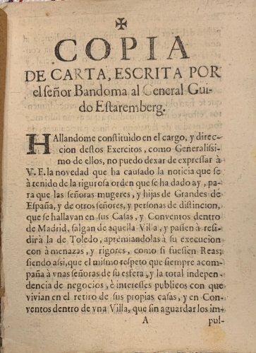 Portada de Copia de Carta, escrita por el Sr. Bandoma al General Guido Estaremberg