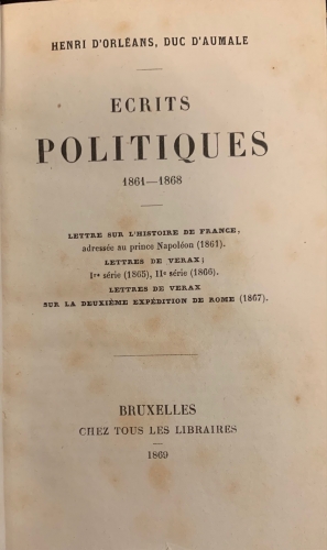 Portada de Ecrits Politiques 1861-1868 - Henri D'Orleans, Duc D'Aumale