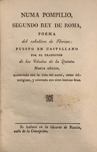 Portada de Numa Pompilio, Segundo Rey de Roma - Caballero Flori�n. Jean Pierre Claris de Florian