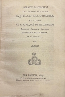 Portada de libro Sermon Panegirico del Sagrado Precursor S. Juan Bautista