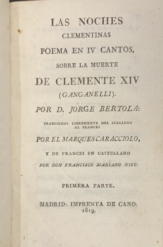 Portada de Las Noches Clementinas. Poema en IV Cantos sobre la muerte de Clemente XIV (Ganganelli) - Jorge Bertola